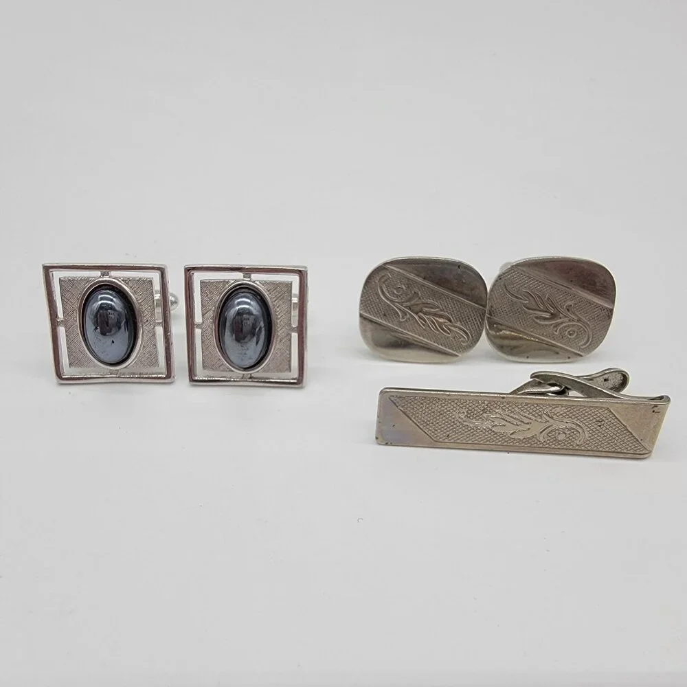 Mens Accessories Lot Cuff Llinks Cufflinks Tie Clip Bar Silver‎ Tone Set
